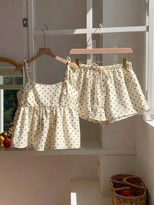 Conjunto de 2 piezas de camiseta de tirantes y pantalones cortos con estampado de lunares para vacaciones de mujer - Amarillo - Ver 5
