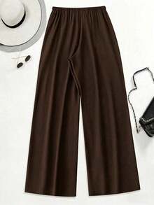 Pantalones anchos y largos sueltos de moda para mujeres de talla grande - Café integral - Ver 2