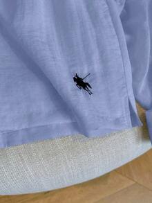 Conjunto de camisa de manga larga a rayas de un solo pecho y pantalones cortos versátiles de estilo vintage casual - Azul 2 - Ver 4