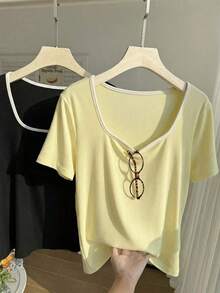 Set de 2 camisetas casuales de mujer con cuello cuadrado y manga corta, ajustadas y sexys, adecuadas para el verano - Multicolor 2 - Ver 8