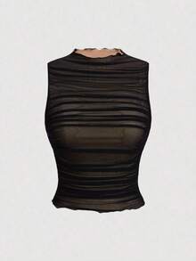 Top sin mangas con cuello alto y fruncido en unicolor, top negro de club, tops de malla para fiestas, despedida de soltera, tops para citas, salir, primavera/verano, top de fiesta, vacaciones, cumpleaños, festival, playa, top elegante - Negro 2 - Ver 5