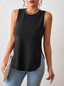 1 pieza Camiseta casual de mujer de cuello redondo y bajo con abertura lateral de un solo color - Negro - Ver 4