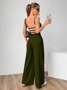 Mono holgado de unicolor y espalda descubierta de verano sexy - Verde militar - Ver 7
