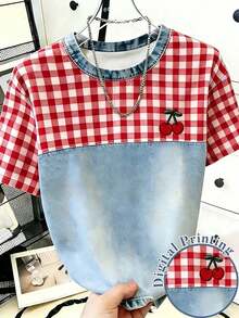 Camiseta de mujer de manga corta con cuello redondo y bloque de color, casual de verano - Multicolor 5 - Ver 7