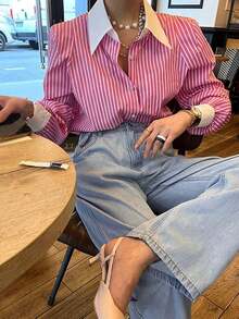 de manga larga con botones y rayas casuales para uso diario, camisa de mujer para otoño - Rosa - Ver 4