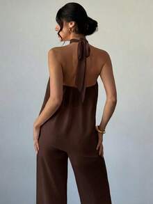 Conjunto de blusa y pantalones rectos holgados de mujer, elegante y casual para oficina, de gasa rosa con cuello de halter sin mangas y dobladillo asimétrico suelto, nuevo para primavera/verano - Marrón - Ver 6