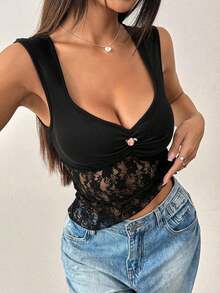 Camiseta sin mangas de encaje con parches, diseño calado, para mujer, color rosa, sexy - Negro - Ver 5
