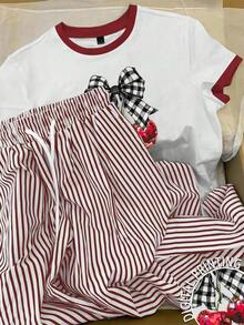 Conjunto de camiseta de manga corta con cuello redondo y estampado de oso de dibujos animados, y pantalones a rayas con cordón en la cintura para mujer - Blanco 2 - Ver 8