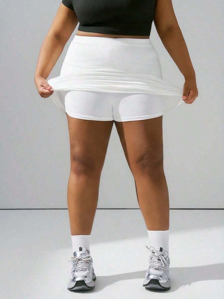 Falda corta casual de línea A de unicolor negro básico para mujer de talla grande, amigable con las curvas del Body redondeado, para el invierno, para la figura de Body redondeado tipo manzana - Blanco - Ver 1