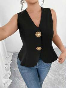 Blusa sin mangas con cuello en V y textura de lino sintético, con botones decorativos en color dorado y rosa, cintura ajustada, elegante para ir a trabajar, salir, fiestas y citas, talla grande - Negro - Ver 6