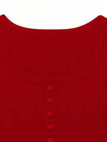 de manga corta y ajuste slim para mujer, de unicolor con media tapeta abotonada para el verano - Rojo - Ver 3