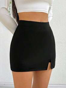 Falda de verano, falda recta con aberturas laterales para mujer, falda casual y sexy de cintura alta con corte mini, lisa, negra, para uso diario casual en primavera/verano - Negro 2 - Ver 4