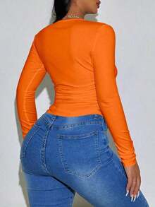 Camiseta Ajustada De Cuello Redondo Y Plisada En Color Sólido - Naranja - Ver 2