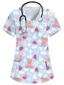 Blusa de mujer con cuello en V blanco, manga corta, con doble bolsillo, con estampado de dibujos animados lindos, estampado de animales de granja, uniforme de enfermera/médico, ropa de trabajo de unicolor para peluquería de mascotas, bata de labo - Azul 2 - Ver 1