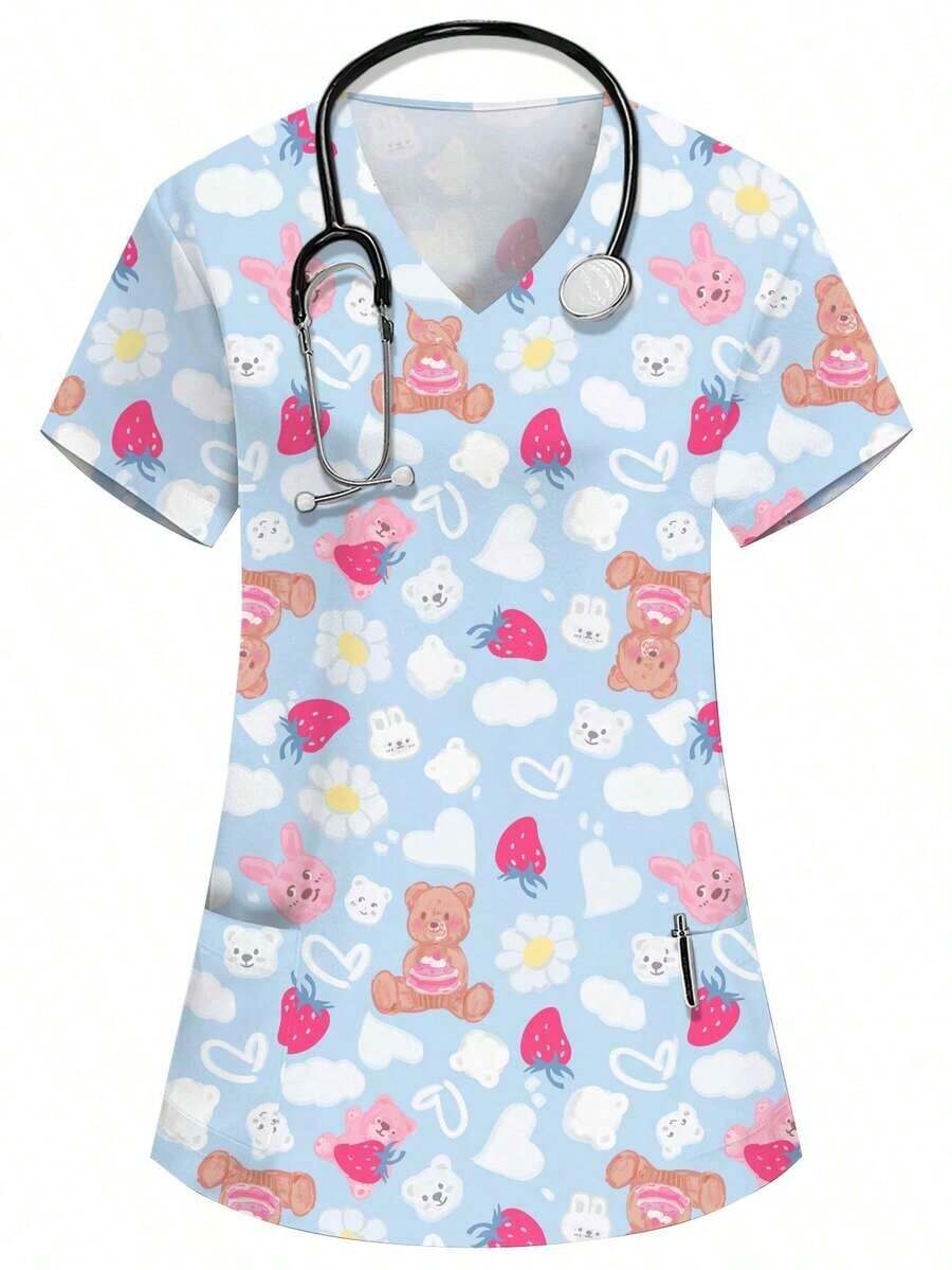 Blusa de mujer con cuello en V blanco, manga corta, con doble bolsillo, con estampado de dibujos animados lindos, estampado de animales de granja, uniforme de enfermera/médico, ropa de trabajo de unicolor para peluquería de mascotas, bata de labo - Azul 2 - Ver 1