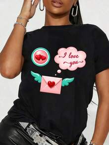 Women's Casual Graphic Print T-Shirt - Short Sleeve, Round Neck, Lightweight Polyester Top With "I Love You" Design And Heart Illustration For Spring And Summer, Relaxed Fit T-Shirt, Romantic Design, Polyester Fabric, Women's T-Shirts, Suitable For Spring, Summer And Autumn. - 黑色 - 查看 6