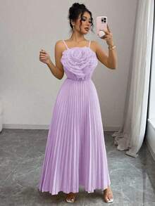 Vestido largo elegante diario de fiesta con flores 3D y cintura fruncida en estilo A-line, vestido de mujer amarillo para primavera y verano - Púrpura malva - Ver 3