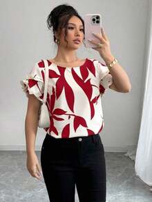 Blusa suelta de manga corta con cuello redondo, borde en contraste y estampado aleatorio, elegante para uso cotidiano, casual y vacaciones - Rojo - Ver 1