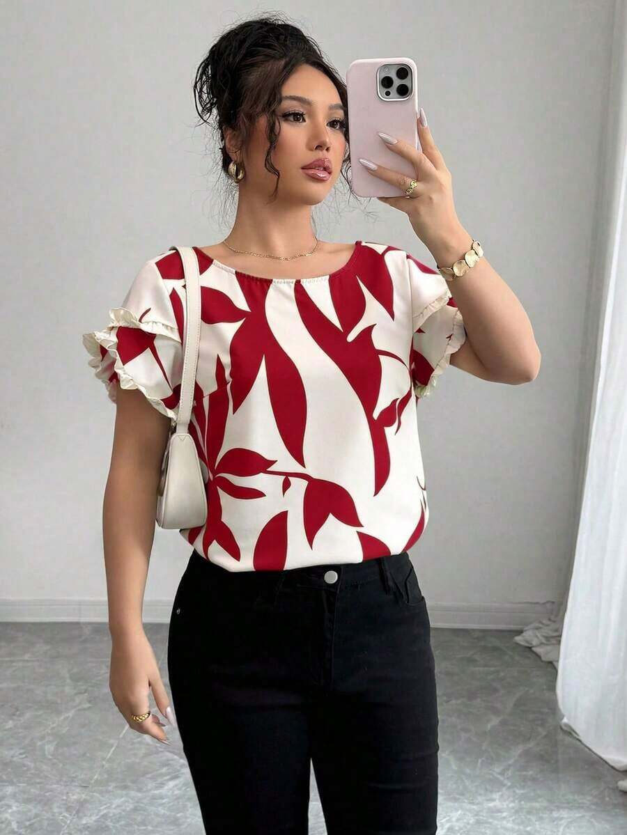 Blusa suelta de manga corta con cuello redondo, borde en contraste y estampado aleatorio, elegante para uso cotidiano, casual y vacaciones - Rojo - Ver 1
