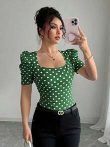Camiseta casual elegante y sexy para mujer, con manga corta, cuello con diamante en el hombro delantero, manga abullonada, manga arrugada, estampado de lunar blanco y negro, ajuste entallado, apropiado para vacaciones - Multicolor 6 - Ver 1