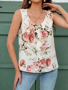 Blusa sin mangas con ribete de volantes, blusas sin mangas de verano elegantes para damas - Multicolor - Ver 5