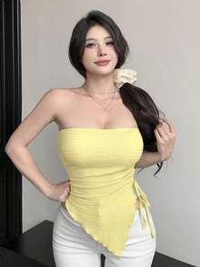 Blusa asimétrica con volantes de unicolor y textura para vacaciones, top tubo para salir en verano - Amarillo - Ver 2