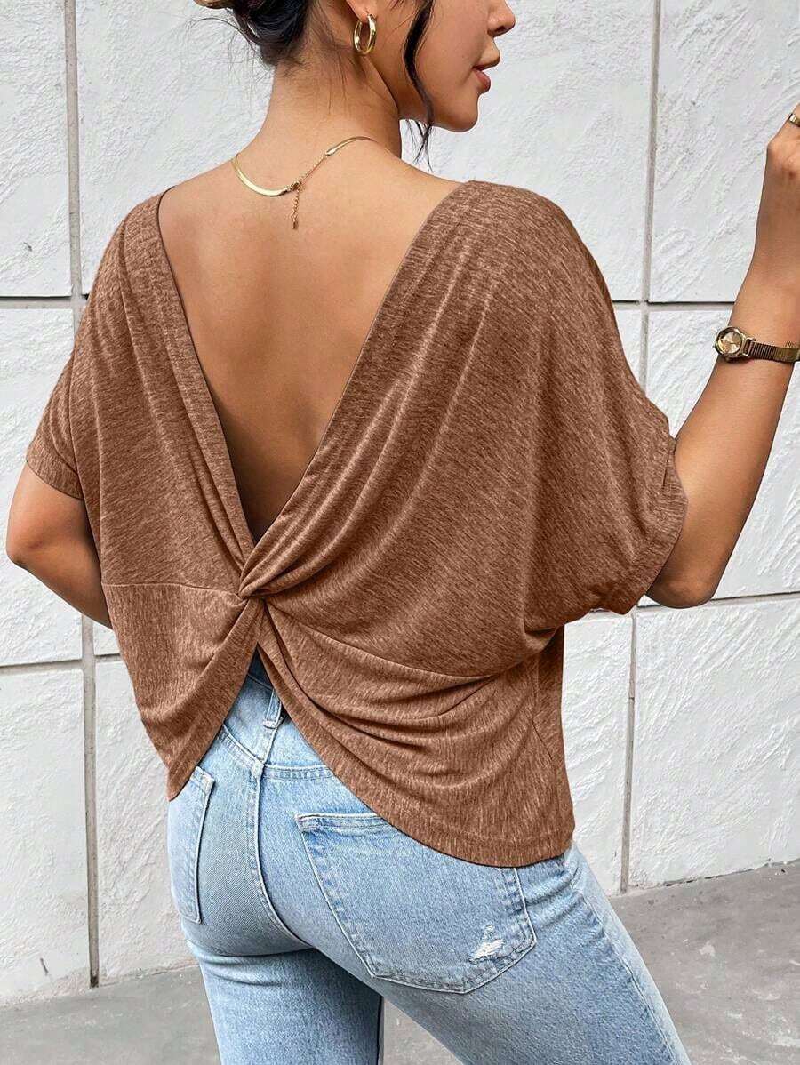 Camiseta gris de verano casual para mujer con escote trasero y nudo trenzado - Café integral - Ver 1