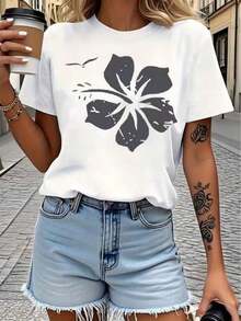 Women's 100% Cotton T-Shirt, Simple Casual Top, Printed T-Shirt With Grey Hibiscus Flower And Seagull Design, Suitable For Casual Daily Activities And Holidays. - 白色 - 查看 4