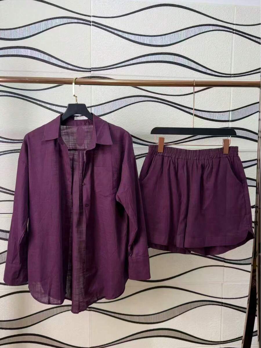 Linen Shirt And Shorts Set (2 Pieces), Lined With Elastic. - Purple - View 1