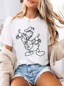 Women's Printed T-Shirt Featuring A Graffiti-Style Cartoon Design Of  Made Up Of Black Lines. This Crew-Neck Summer T-Shirt Is Made From A Soft And Comfortable 100% Cotton Fabric, Perfect For Everyday Wear, Outdoor Activities, Or Shopping. It's Also An Ideal Choice For Women's Underwear. - 白色 - 查看 1