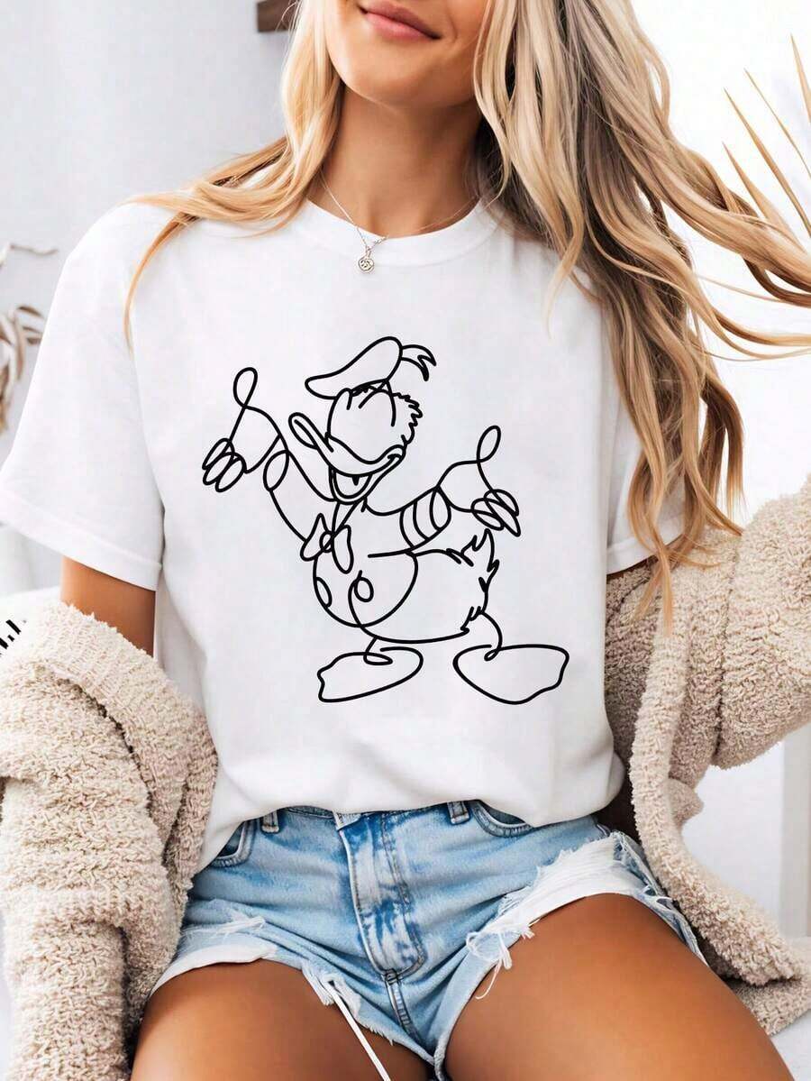 Women's Printed T-Shirt Featuring A Graffiti-Style Cartoon Design Of Made Up Of Black Lines. This Crew-Neck Summer T-Shirt Is Made From A Soft And Comfortable 100% Cotton Fabric, Perfect For Everyday Wear, Outdoor Activities, Or Shopping. It's Also An Ideal Choice For Women's Underwear. - 白色 - 查看 1