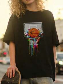 Women's Summer Clothing, Casual Soft Cotton T-Shirt With Round Neck, Colorful Ink Splatter Basketball Art Print. White. - 黑色 - 查看 3