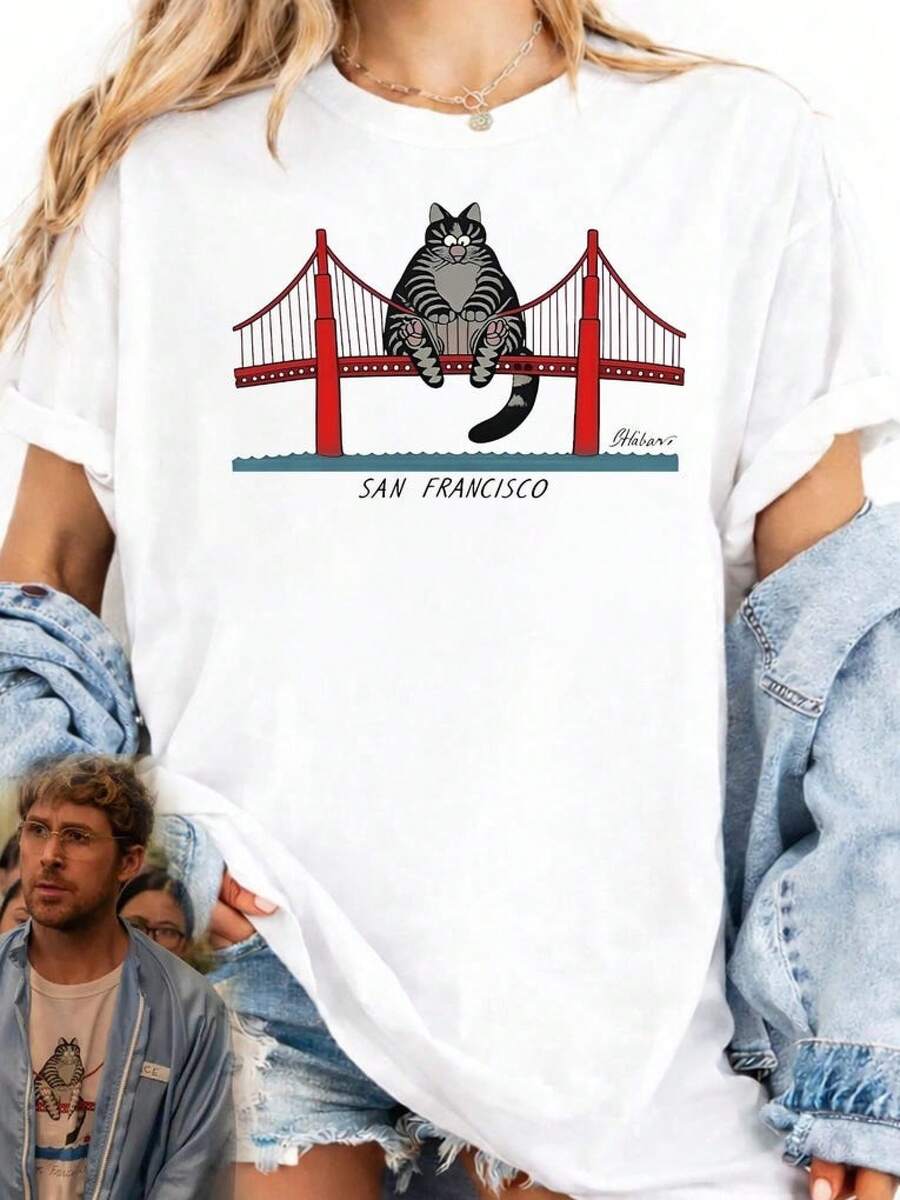 Camiseta unisex de manga corta, camiseta de Ryan Gosling con diseño de gato, camiseta con diseño de gato del Puente Golden Gate de San Francisco, camisetas para hombre, Spiderman, , camiseta para mujer, Romwe para hombre, boho chic, regalos para maestros, camiseta para mujer, ropa curvy para mujer, y2k. - Blanco - Ver 1