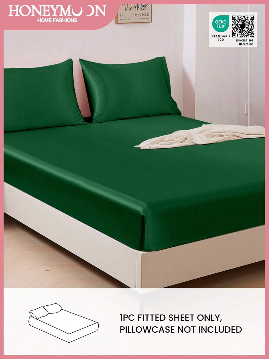 Ga trải giường HONEYMOON màu trơn bằng vải satin bóng, phù hợp với nệm có độ sâu 9-12 inch, sang trọng và mềm mại như lụa, cực kỳ mềm mại và thoáng khí, chống co rút, có thể giặt máy - Kích thước T F Q K cho gia đình và ký túc xá, đạt chứng nhận Oeko-Tex, màu xanh đậm. - Màu xanh lá cây đậm - Xem 1