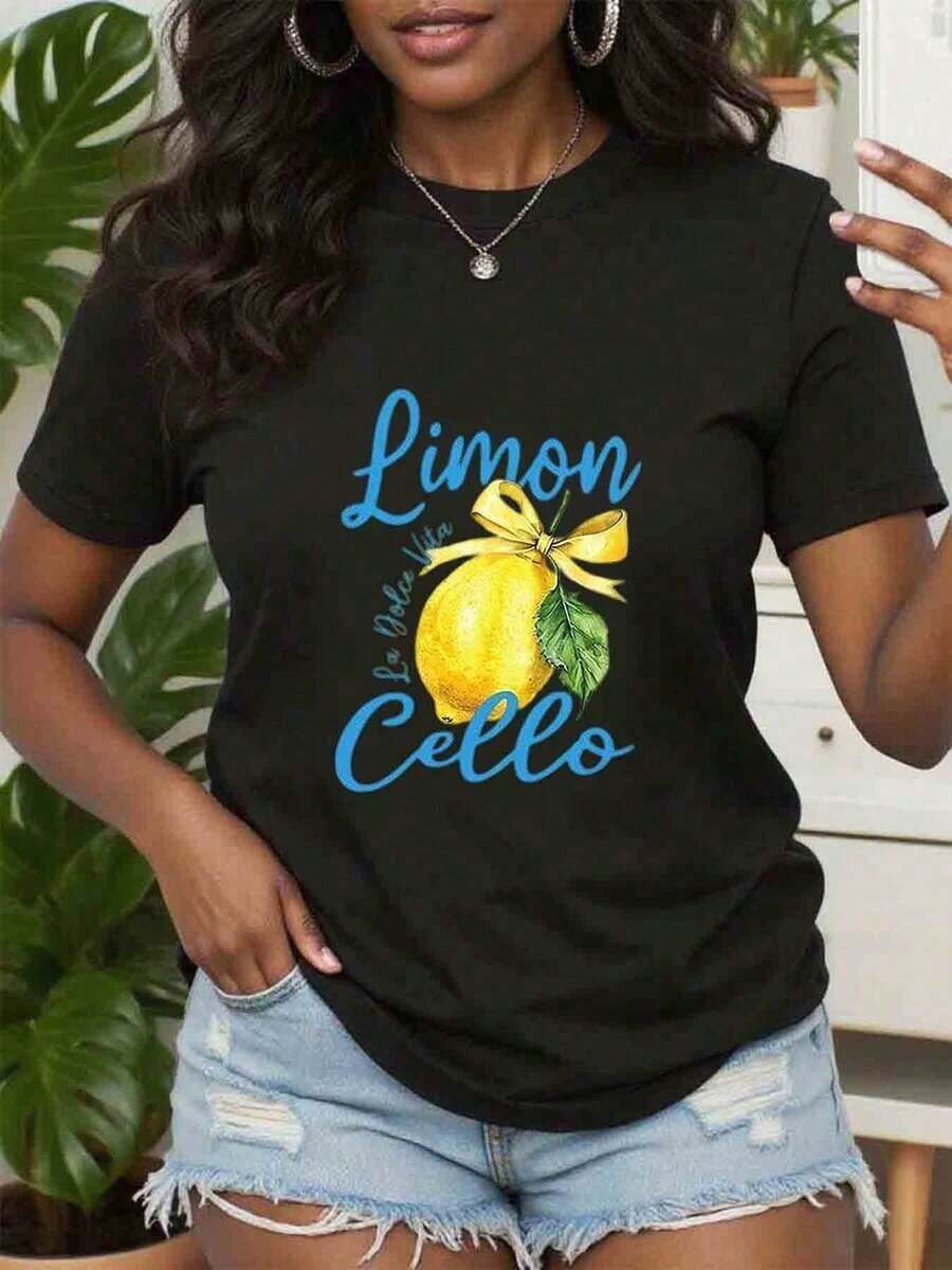 Camiseta de verano con estampado de frutas y letras, camiseta de manga corta con diseño de limones para mujer, camiseta gráfica con diseño de limones y lazo, camiseta de estilo casual para vacaciones, conjuntos de verano. Adecuada como regalo. playera de mujer. blusas>elegantes. boho chic,Top de mujer suave, transpirable y cómodo, ideal para primavera, verano y otoño, perfecto para vacaciones, viajes y uso diario. - Negro - Ver 1