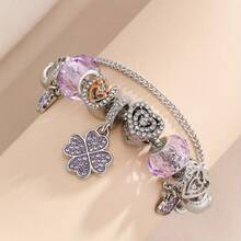 1 pieza Pulsera con cuentas de cristal morado con colgante de trébol de cuatro hojas y corazón, brazalete de lujo DIY, joyería elegante y versátil para mujeres - Pulsera de corazón de trébol de cuatro hojas - Ver 4