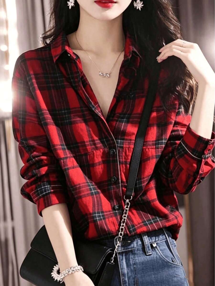 Áo sơ mi dài tay kẻ caro mới dành cho nữ có nút cài phía trước - Đỏ - Xem 1