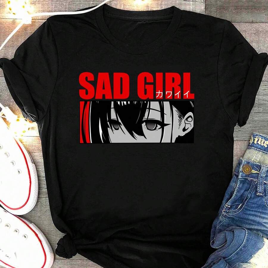 Camiseta de anime "Sad Girl", camiseta de manga "SiL1ent Voice", "Koe No Katachi", camiseta de ojos de anime, Nishimiya, estética japonesa, camiseta unisex de algodón grueso Kawaii de 220 g, suave y transpirable con excelente elasticidad, agradable para la piel y cómoda para usar todo el día. Diseño clásico y casual fácil de combinar, ideal para salidas diarias, ropa urbana, deportes, citas y reuniones informales durante todo el año. - Negro - Ver 1