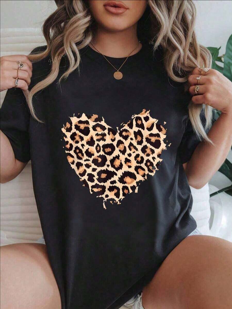 Women's Casual Short Sleeve T-Shirt - Heart Print Leopard Design On White T-Shirt, Round Neck, Summer Top, Machine Washable, Ladies' T-Shirts, Casual Wear, Modern Style, Comfortable Fit

-White - 黑色 - 查看 1