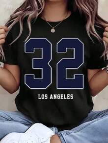 Soft, Breathable, And Lightweight For All-Day Comfort. Women's Size 32 Los Angeles Print T-Shirt, Crew Neck, Casual Style For Everyday Wear, Great Gift Idea, 220g. Classic Neckline With A Relaxed Fit That Flatters All Body Shapes And Is Easy To Pair With Jeans, Shorts, And Leggings. - 黑色 - 查看 1