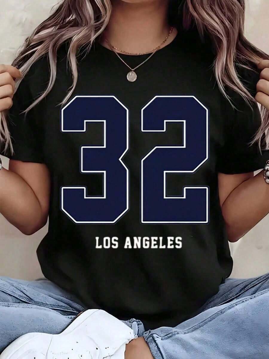 Soft, Breathable, And Lightweight For All-Day Comfort. Women's Size 32 Los Angeles Print T-Shirt, Crew Neck, Casual Style For Everyday Wear, Great Gift Idea, 220g. Classic Neckline With A Relaxed Fit That Flatters All Body Shapes And Is Easy To Pair With Jeans, Shorts, And Leggings. - 黑色 - 查看 1