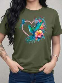 Free Shipping, Local Delivery In Mexico. Delivery In 4 Days. Women's Graphic T-Shirt, Casual Printed T-Shirts With Heart, Butterfly, Feather, Flower, Floral Style, Sparkly, Shiny, Shiny, For Daily Wear, Night Out, Valentine's Day, For Lovers, Soft Material, Loose Fit, Crew Neck, Short Sleeve - 綠色的 - 查看 5