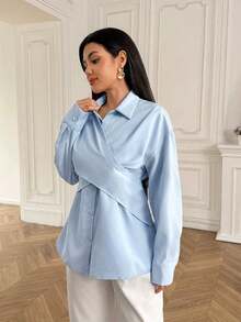 Camisa de manga larga de unicolor minimalista para mujer, uso casual de todos los días - Azul - Ver 3
