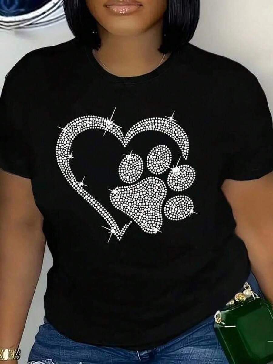 Camiseta de Manga Corta con Estampado de Pata de Perro y Corazón, Cuello Redondo Casual para Mujer, Ropa Elegante para Todas las Estaciones 1  Sexy  Casual  Dulce  Fiesta  Elegante    Alta elasticidad  Playa  Noche de fiesta  Vacaciones  Oficina  Casa  Luna de bebe  Diario  fiesta del té  Despedida de soltera    verano  Strass - Negro - Ver 1