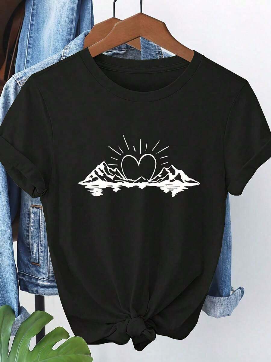 1 Piece Short Sleeve T-Shirt With Sun And Sailboat/Boat Print - Casual Round Neck Top For Summer Beach, Nautical Outfit, Machine Washable Blouse For Spring, Summer And Autumn, 180g 100% Cotton. - 黑色 - 查看 1
