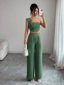 Elegante conjunto de 2 piezas de top sin mangas y pantalones con decoración floral 3D para vacaciones casuales para mujeres - Verde - Ver 3
