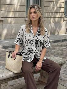 Camisa casual de mujer con estampado floral y manga corta - Blanco y Negro - Ver 6