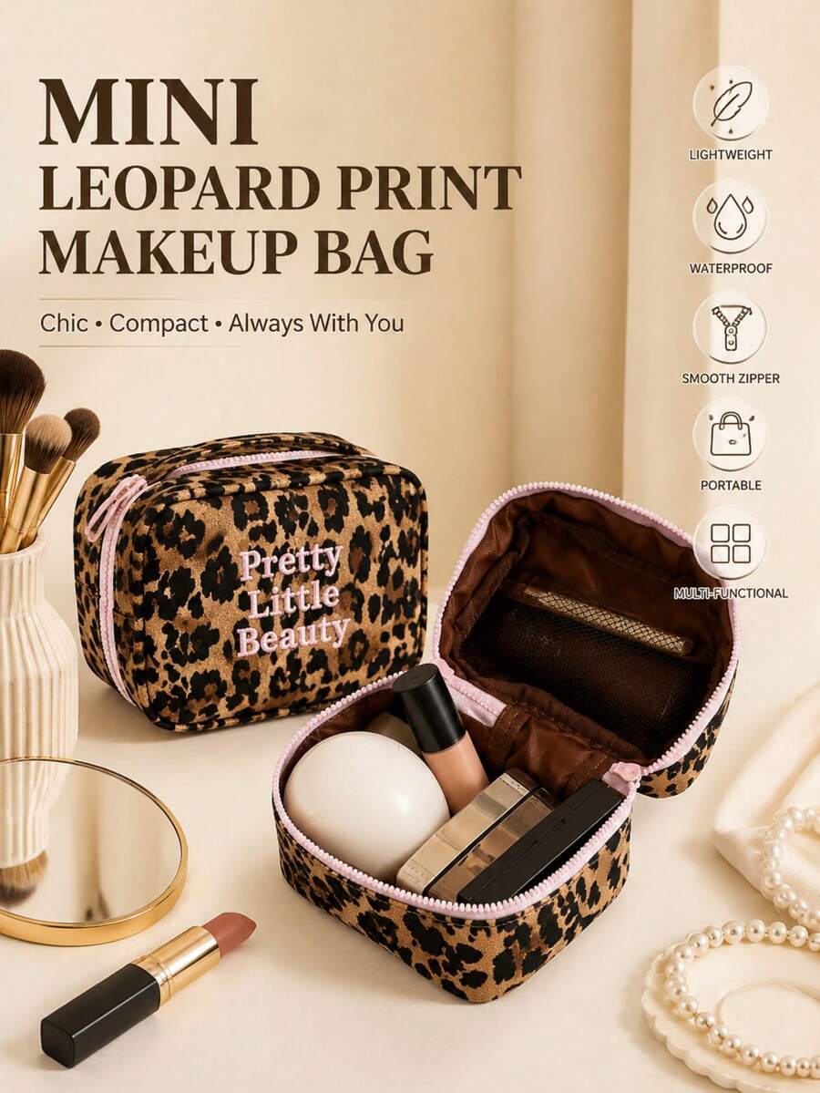 1 Stück Mini Leoparden-Muster Make-up Tasche, Boho-Stil leicht und wasserdicht aus weichem Stoff, süße koreanische Handtasche für Make-up, kompaktes tragbares Reißverschluss-Design, Multifunktions-Kosmetiktasche, ideal als Geschenk für Frauen und Lehrer, geeignet für den Alltag, Partys, Reisen und den Outdoor-Einsatz - Verschiedenfarbig - Übersicht 1