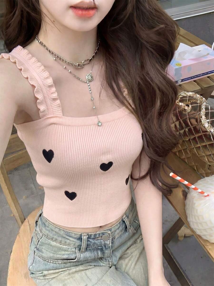 甜美火辣女孩极简性感蕾丝边针织吊带背心,女士春夏叠穿无袖设计,饰有心形刺绣,粉色 - 粉色 - 查看 1