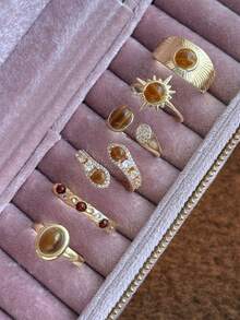 6pcs Asymmetrical Sun & Snake Design Copper Inlaid Cubic Zirconia Rings Set, Fashionable & Unique, Suitable For Party & Travel - Yellow Gold - View 12